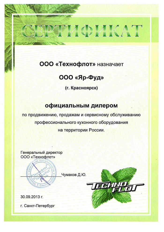 Сертификат компании ООО «Технофлот» 2013